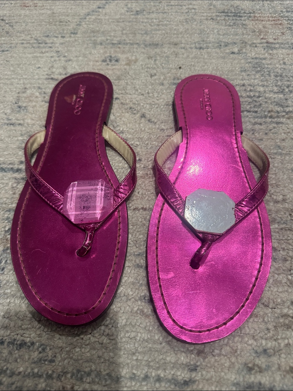 Jimmy Choo Metallic Fuchsia Pink Thong Sandals- missing stone